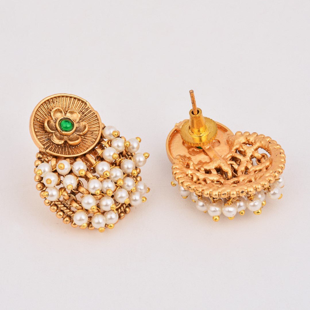 Antique Finish Brass Pearl Cluster Stud Earrings