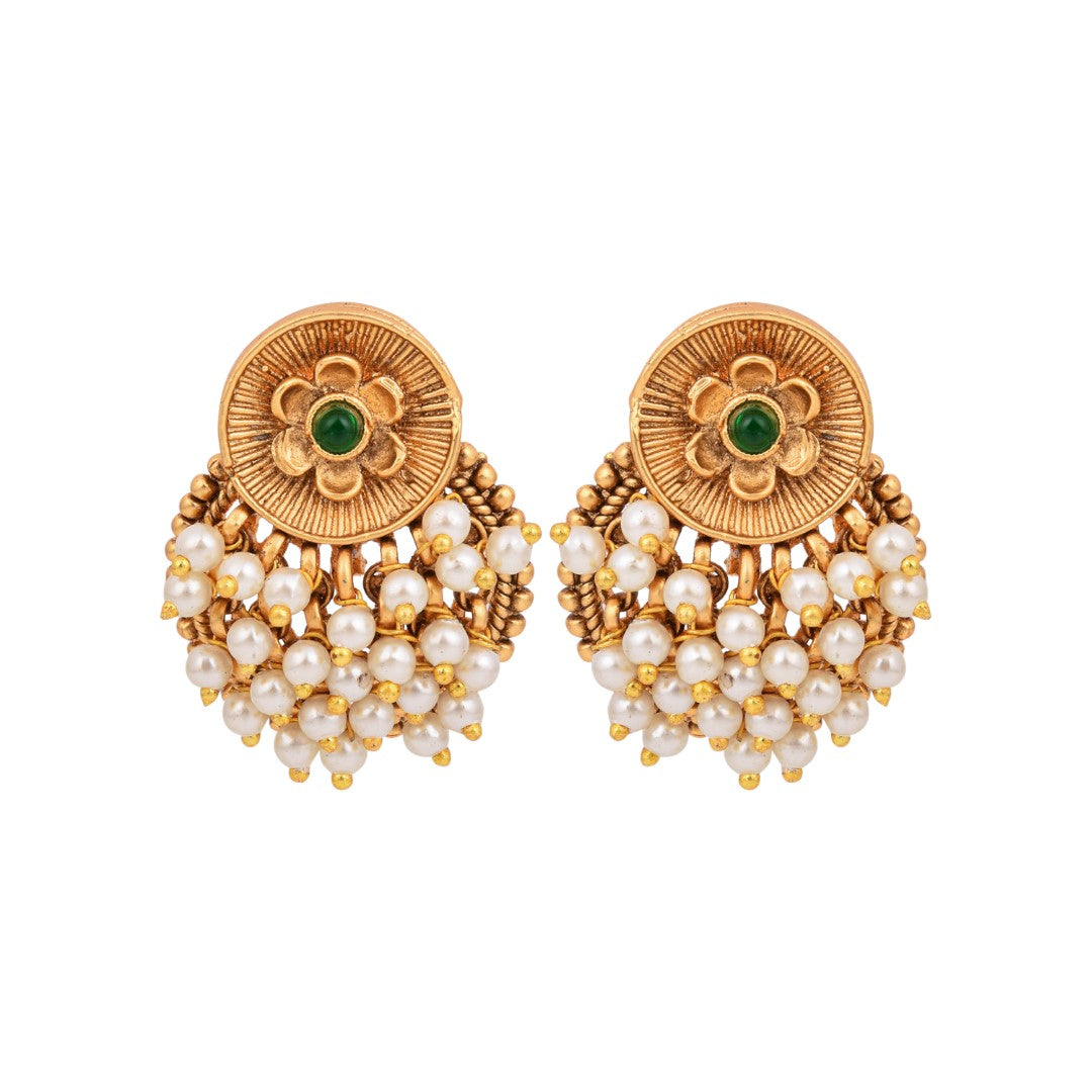 Antique Finish Brass Pearl Cluster Stud Earrings
