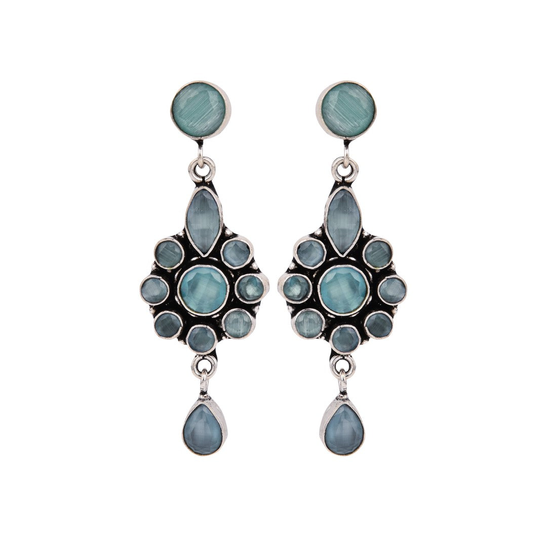 Brass Mint AD Stone Drop Earrings with Floral & Teardrop Design