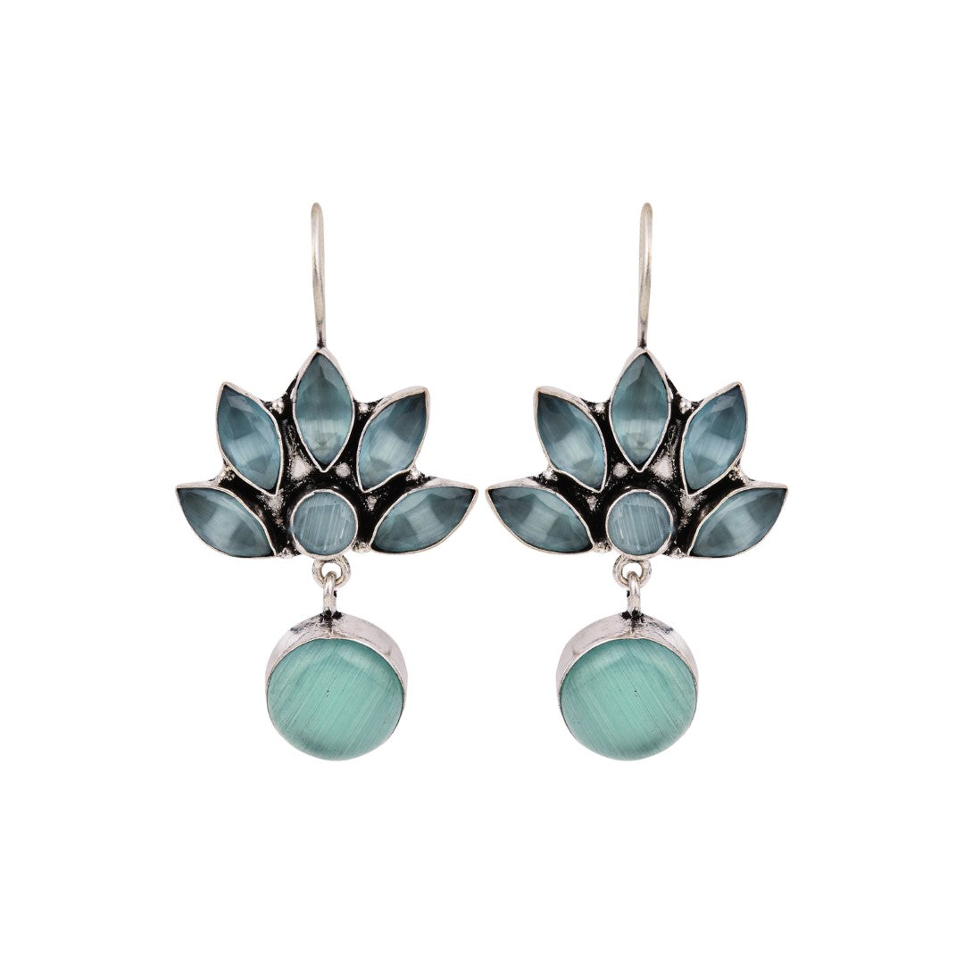 Silver Oxidized Lotus Drop Earrings Mint