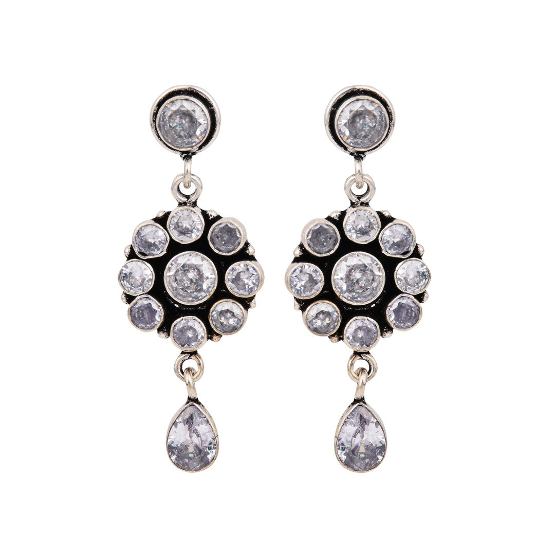 Brass White AD Stone Drop Earrings with Floral & Teardrop Design