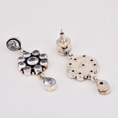 Brass White AD Stone Drop Earrings with Floral & Teardrop Design