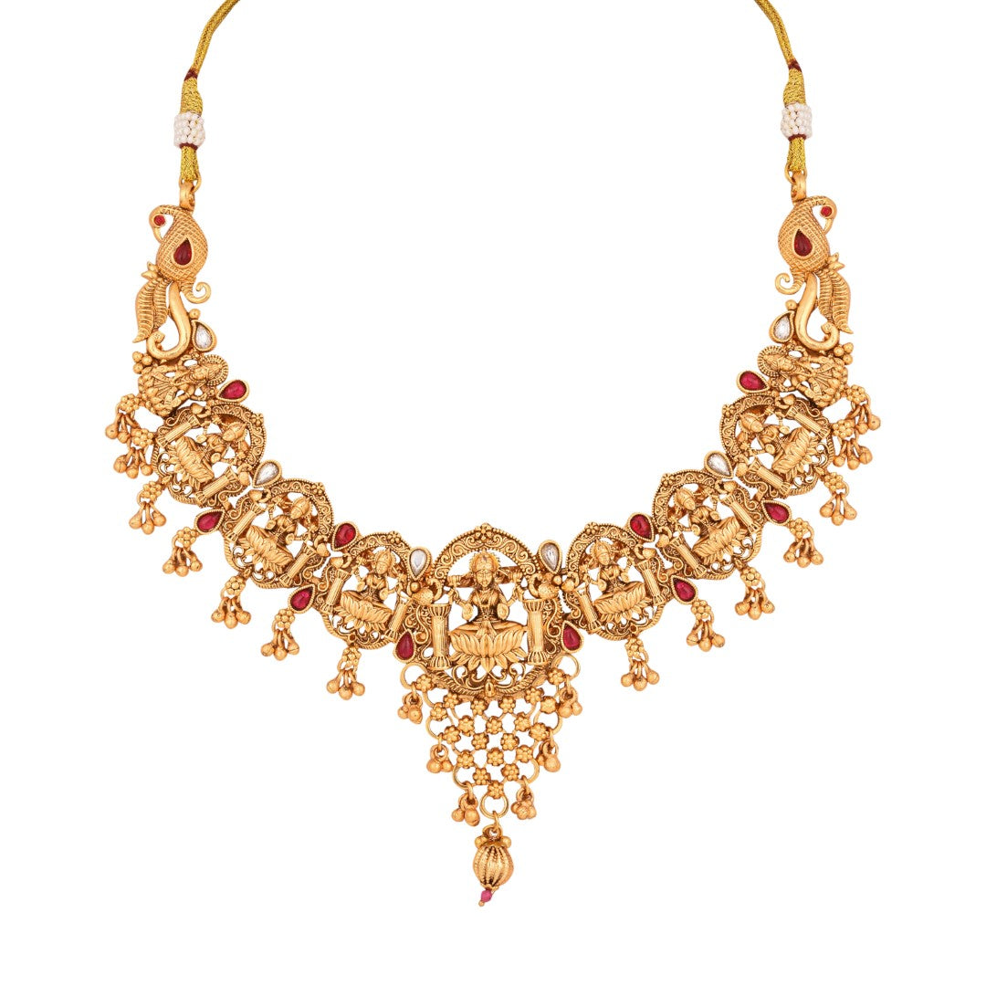 Laxmi Temple Necklace Set with Red stones
