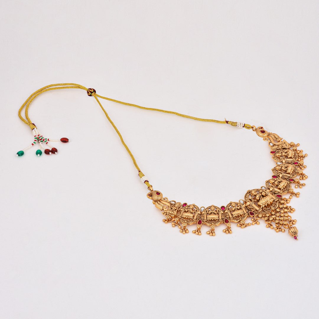 Laxmi Temple Necklace Set with Red stones