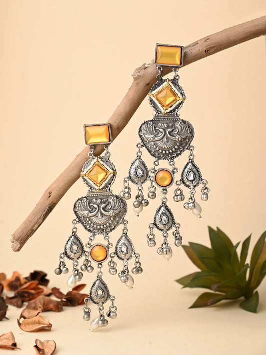 Silver oxydised lightweight long Drop Earring with Yellow Stone
