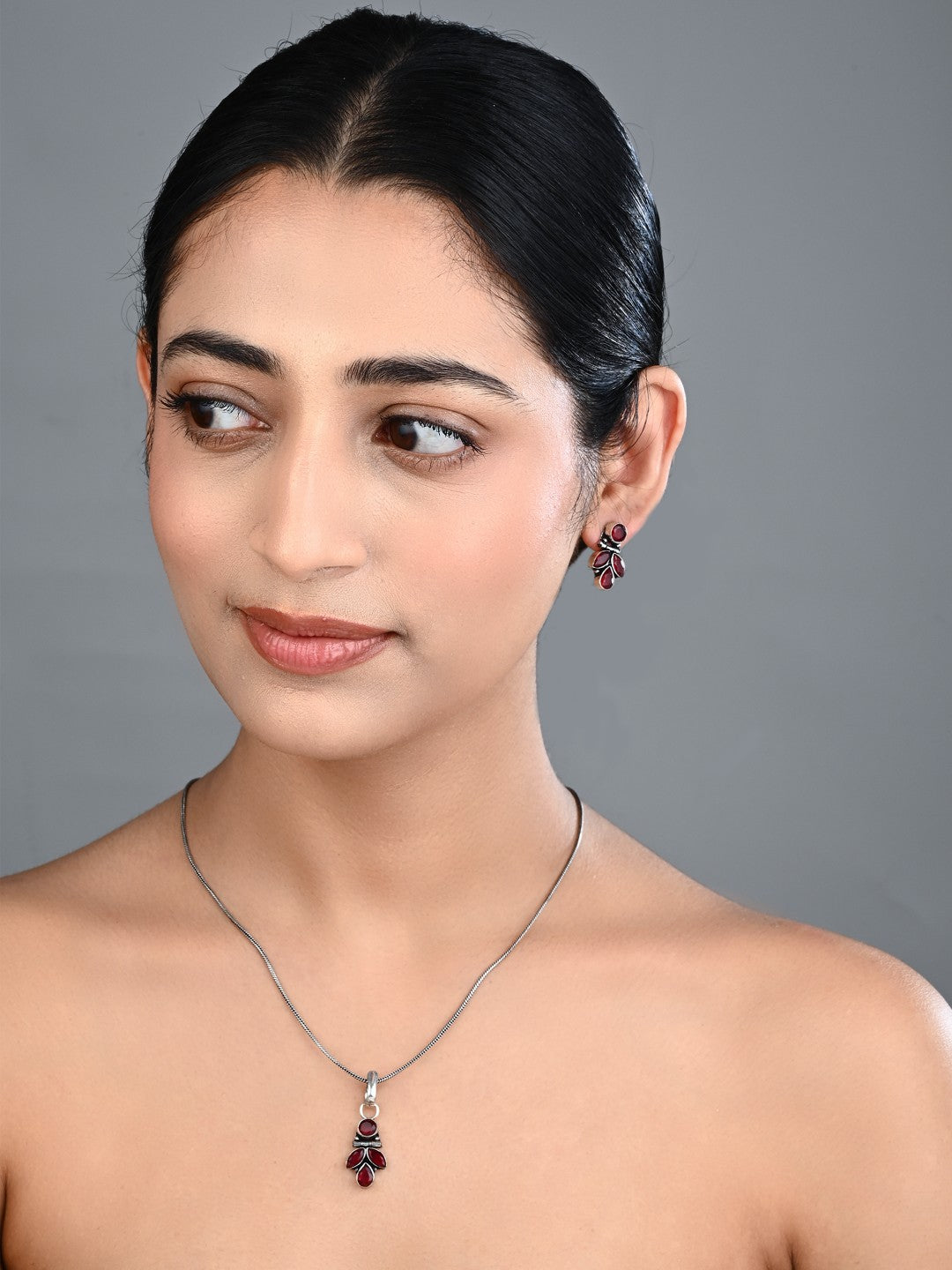 Elegant Crystal Pendant Necklace Set with Matching Drop Earrings - Red