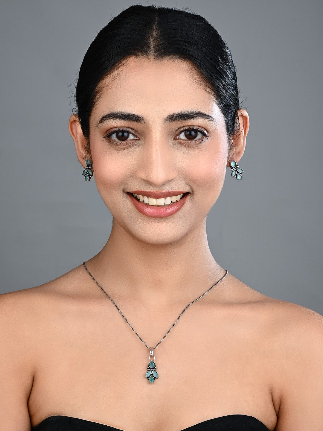Elegant Crystal Pendant Necklace Set with Matching Drop Earrings - Sage Green