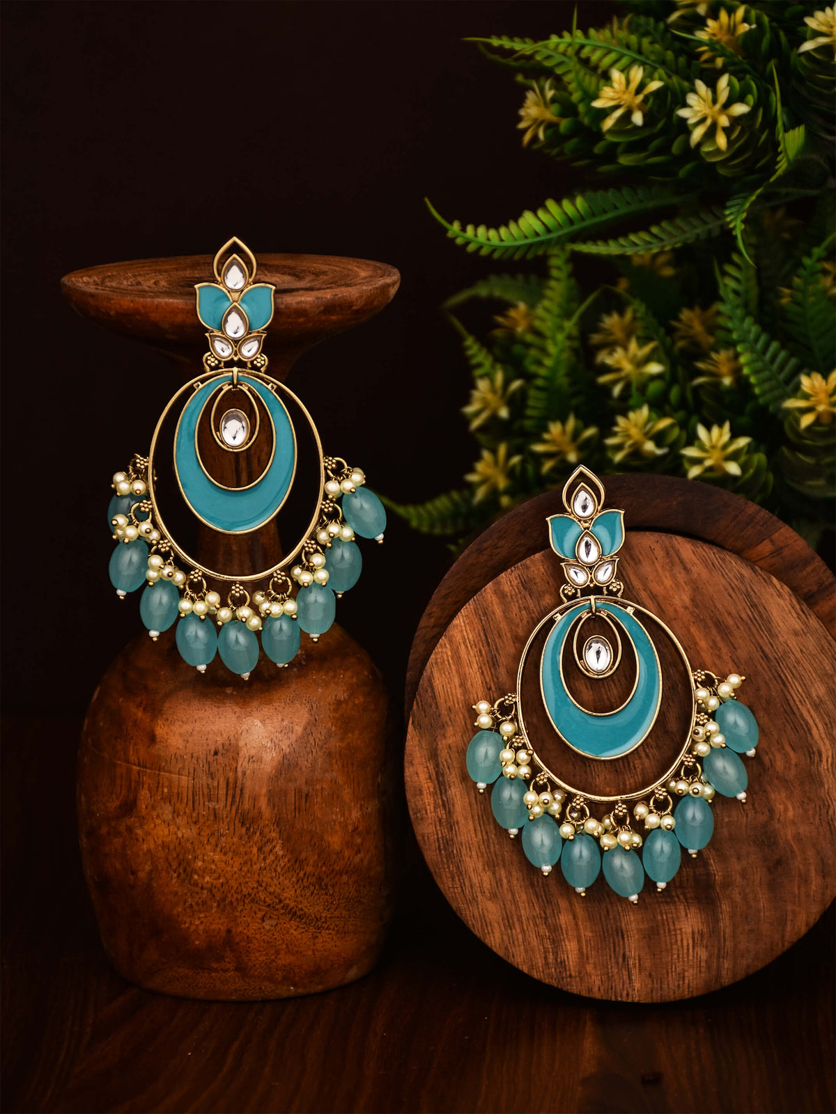 Gold plated kundan & Meenakari Chandbali Earring Blue