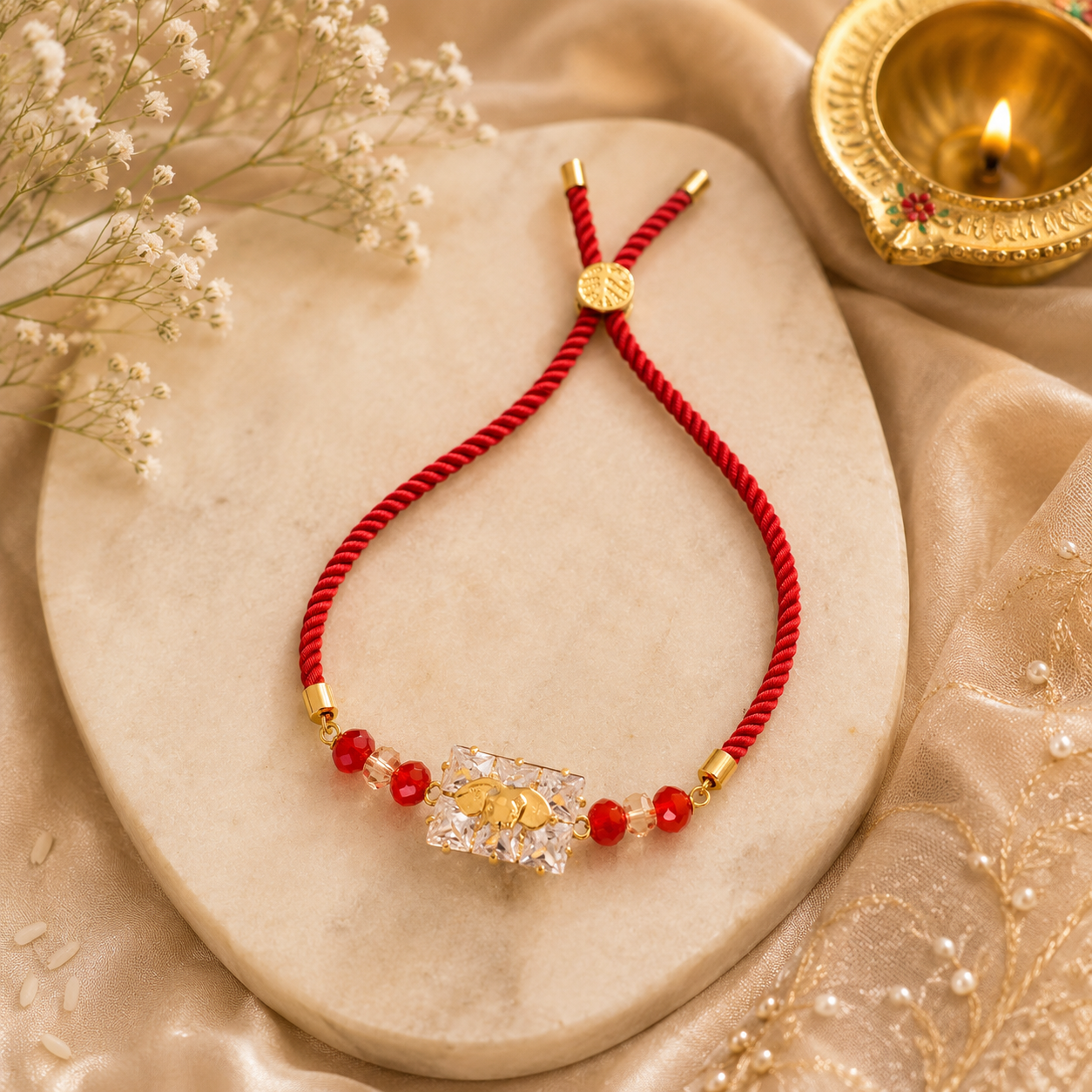 Crystal Twin Heart Rakhi with Red Beads & Adjustable Thread
