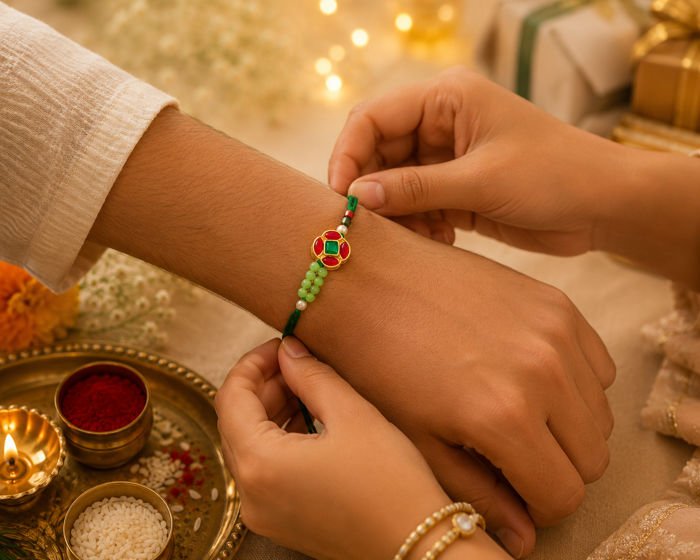 Blue Floral & Green Kundan Rakhi Combo