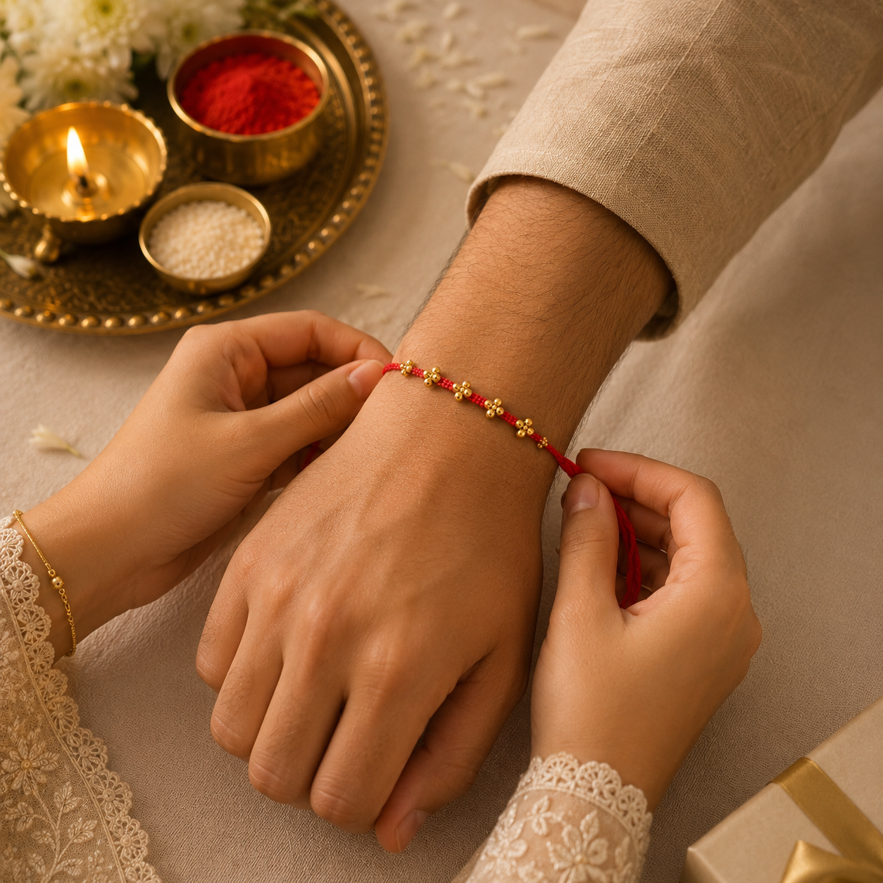 Sacred Trio Rakhi Set – Floral Bead, Om Charm & Traditional Thread Rakhi Collection(Set of 3)
