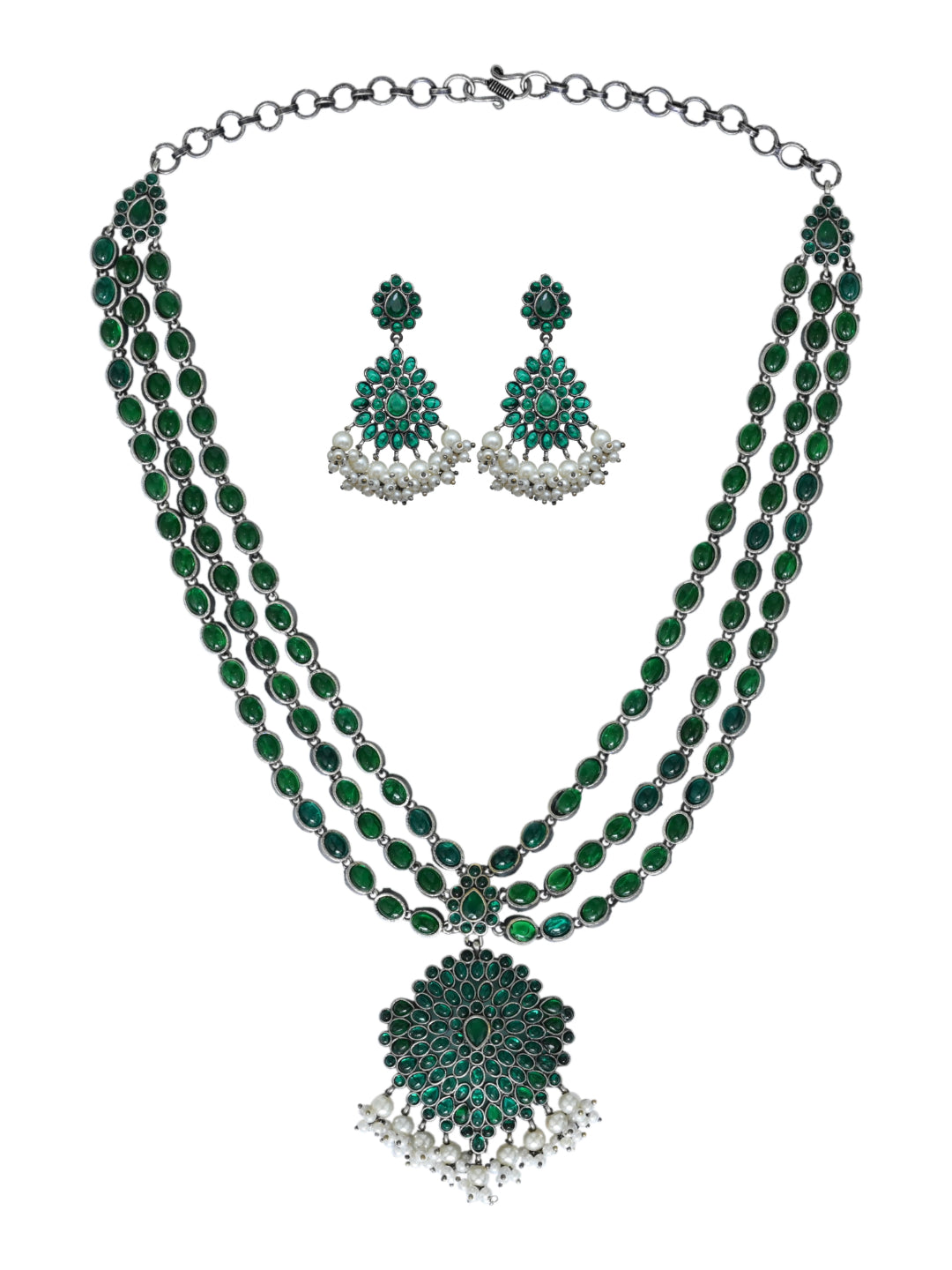 Silver Plated Green Quartz Necklace & Earring Set