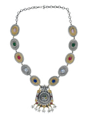 Dual Tone Long Necklace Set with AD & Camp stone