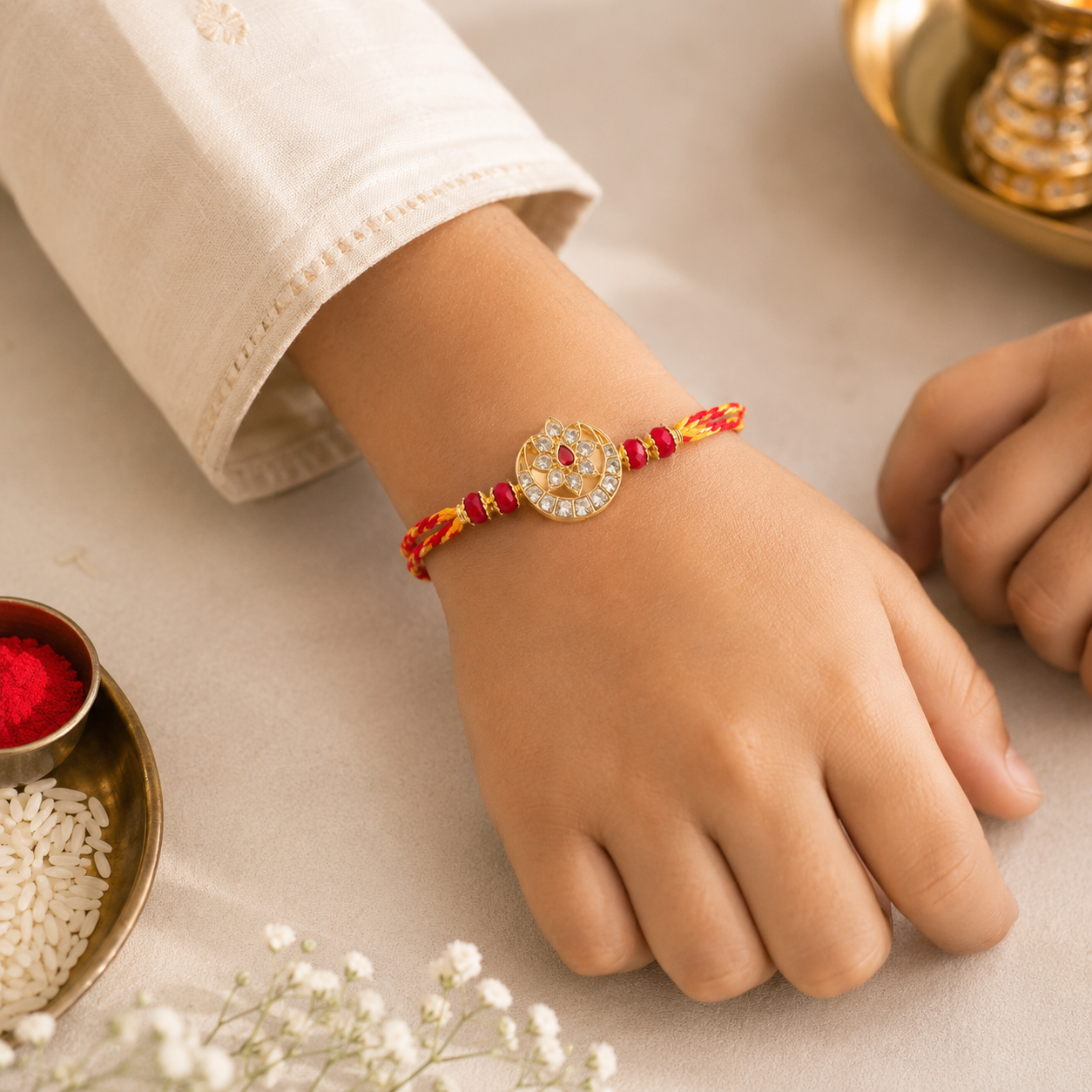 Emerald Radiance Handmade Rakhi with Crystal Floral Medallion (Copy)