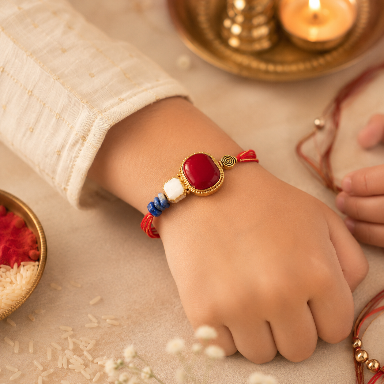 Ruby Harmony Handmade Rakhi with Kundan Accent & Ruby Beads Red