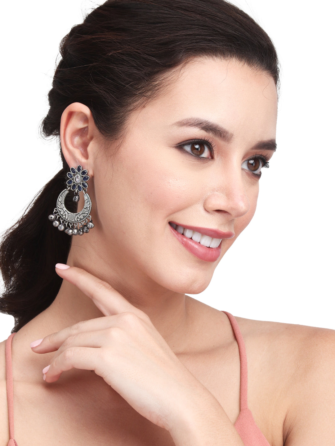 Silver Oxidised finish Chandbali with Ghungroo drops