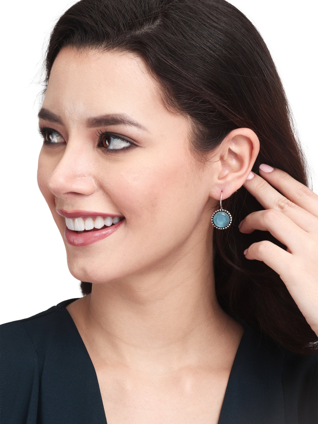 Silver Oxidized Drop Earrings with Blue Monalisa Stone