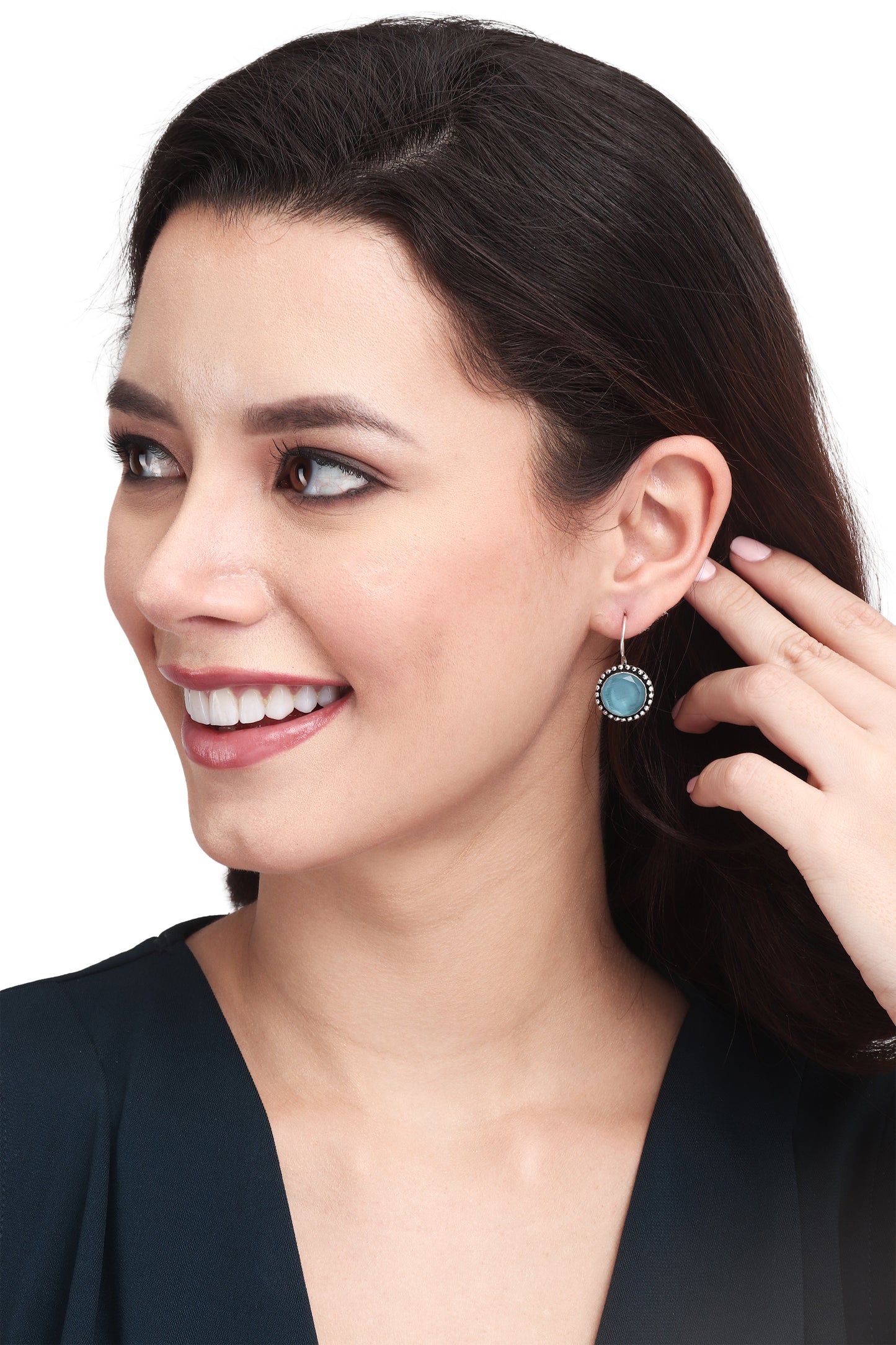 Silver Oxidized Drop Earrings with Blue Monalisa Stone