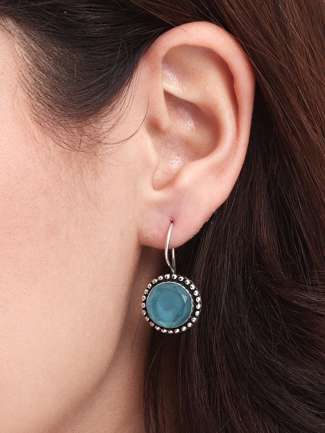 Silver Oxidized Drop Earrings with Blue Monalisa Stone