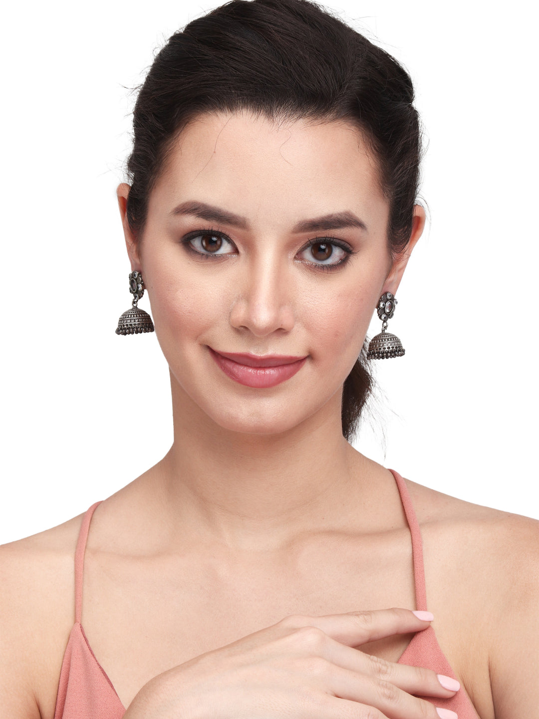 Silver Oxidised AD Stone Jhumka