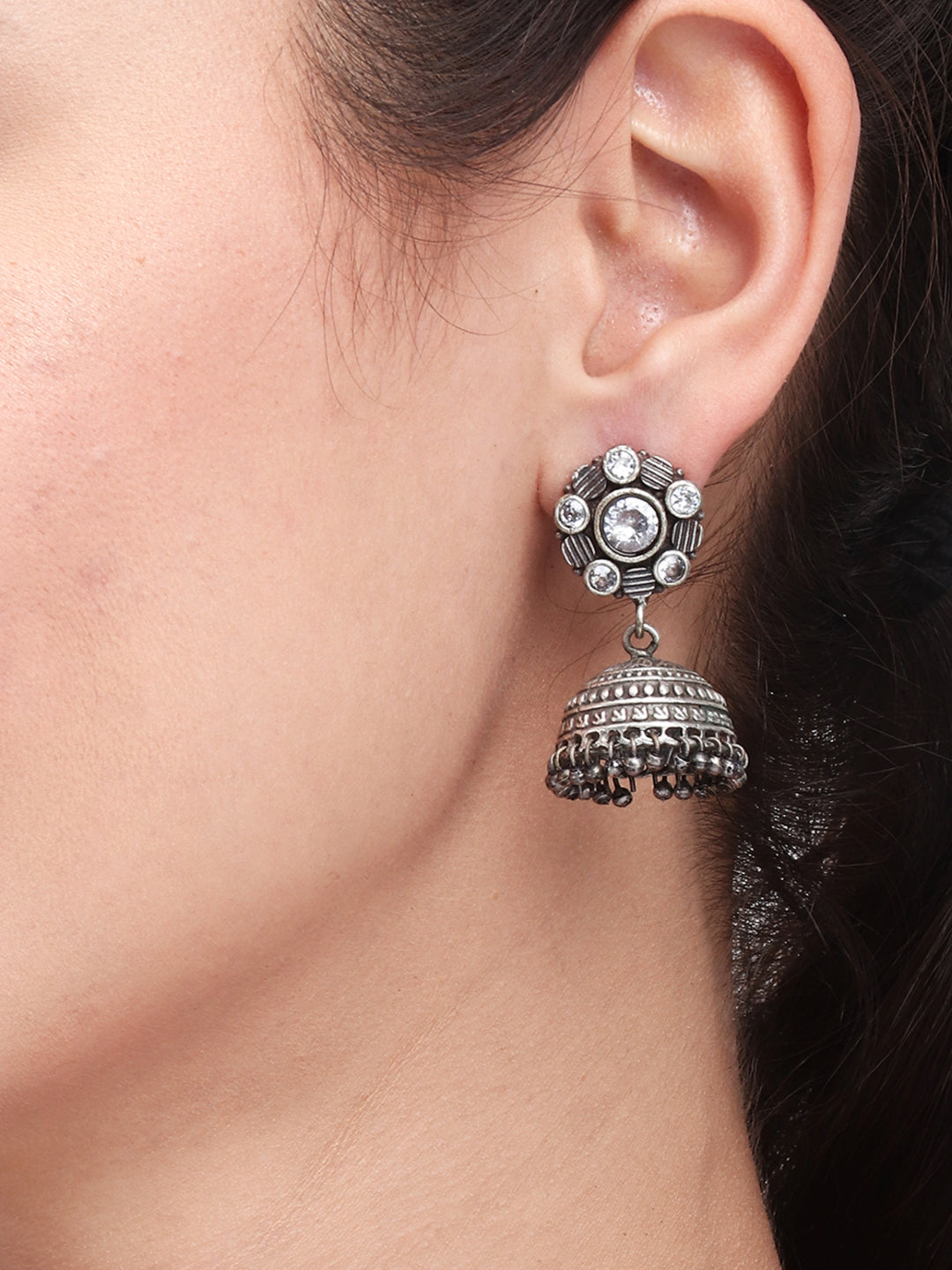 Silver Oxidised AD Stone Jhumka