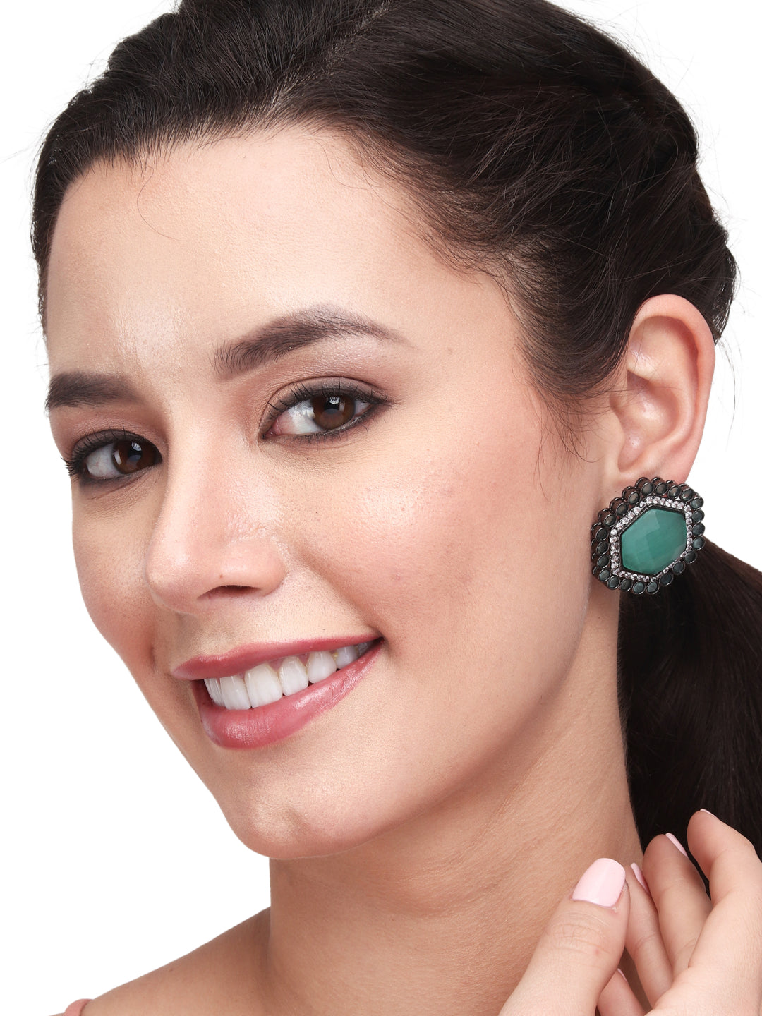 Silver Oxydised finish Pentagon Studs Green