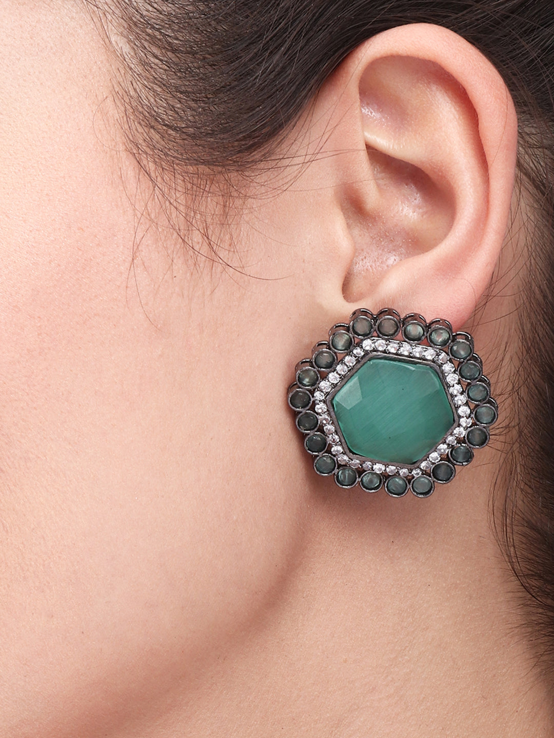 Silver Oxydised finish Pentagon Studs Green