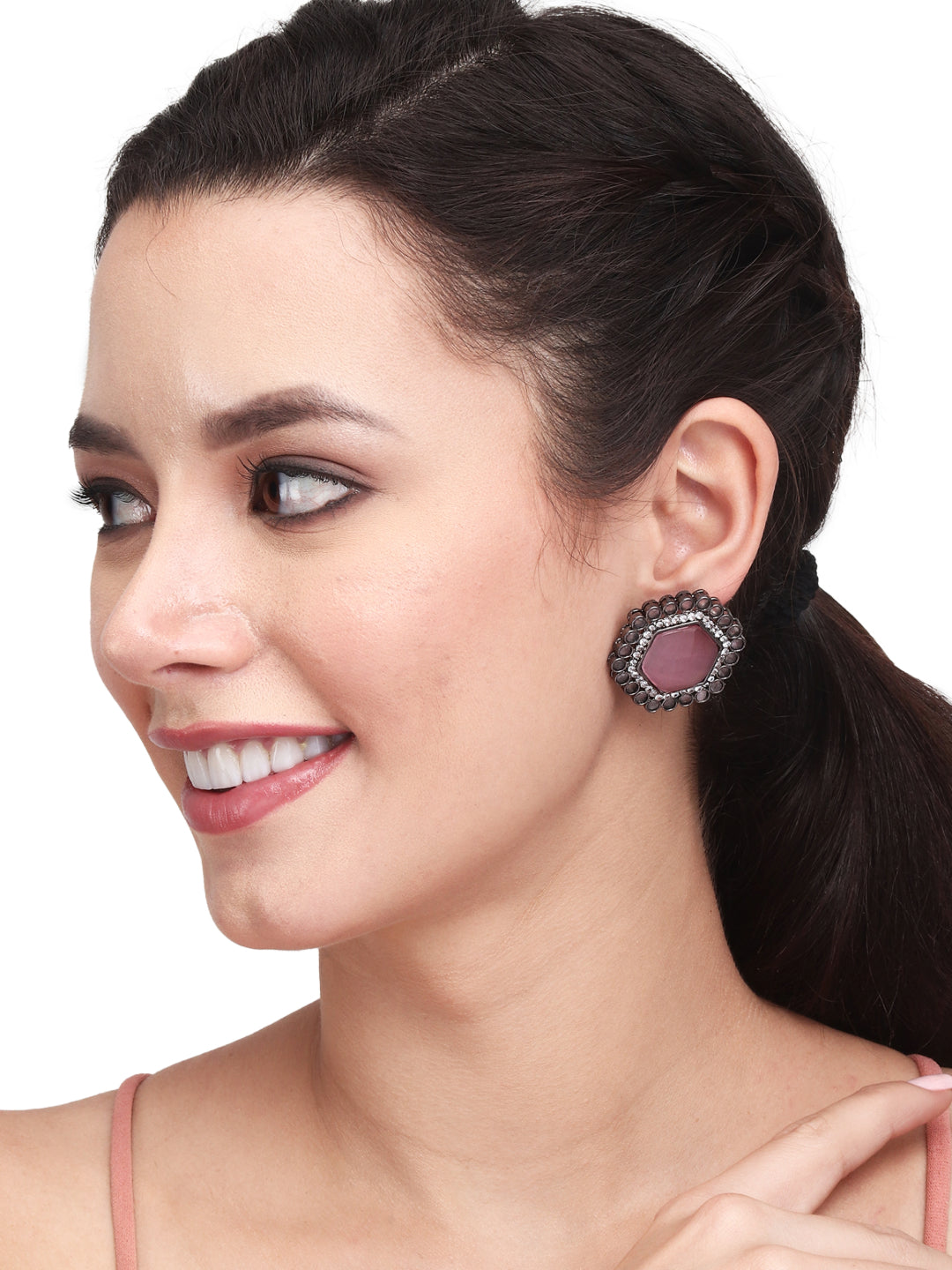 Silver Oxidised finish Pentagon Studs Pink