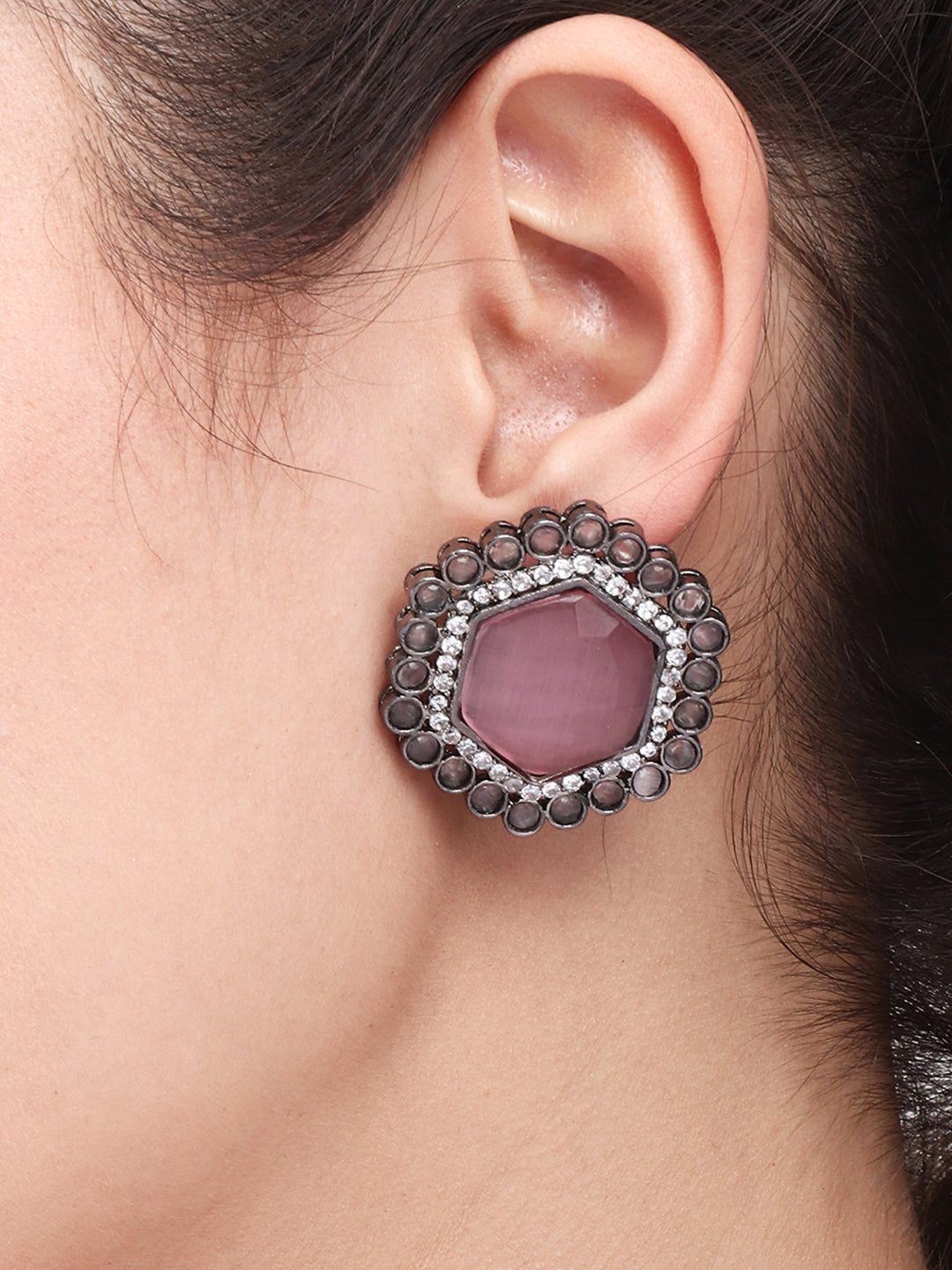 Silver Oxidised finish Pentagon Studs Pink