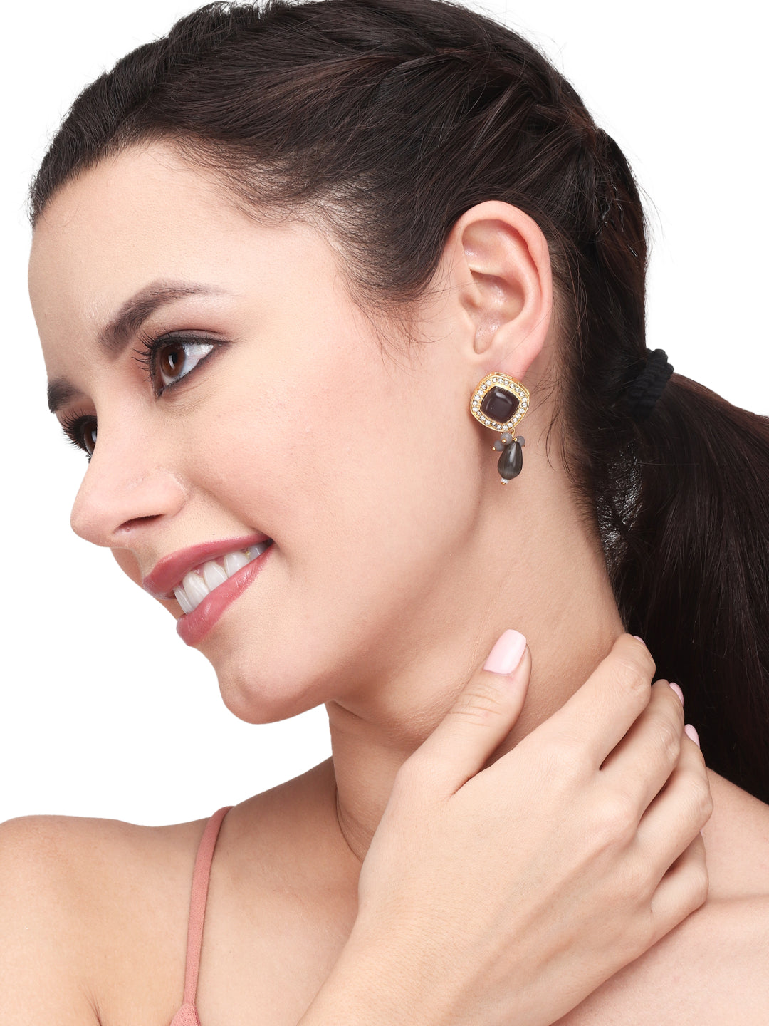 Gold plated Monalisa Stone studs with Glass bead drops Purple