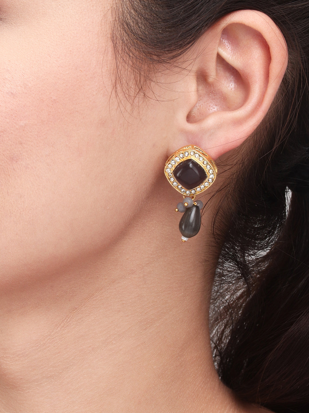 Gold plated Monalisa Stone studs with Glass bead drops Purple