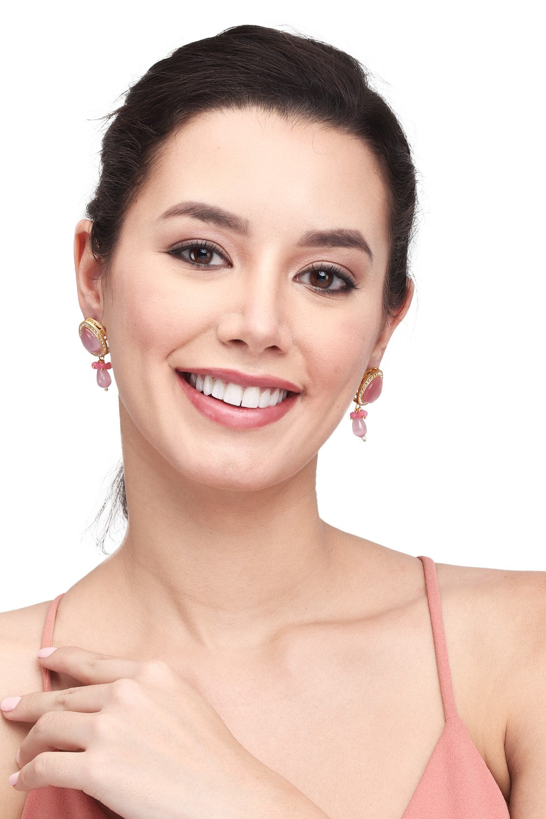 Gold plated Monalisa Stone studs with Glass bead drops Pink