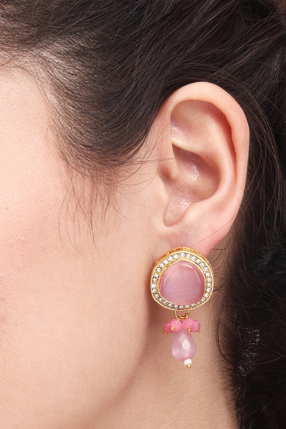 Gold plated Monalisa Stone studs with Glass bead drops Pink