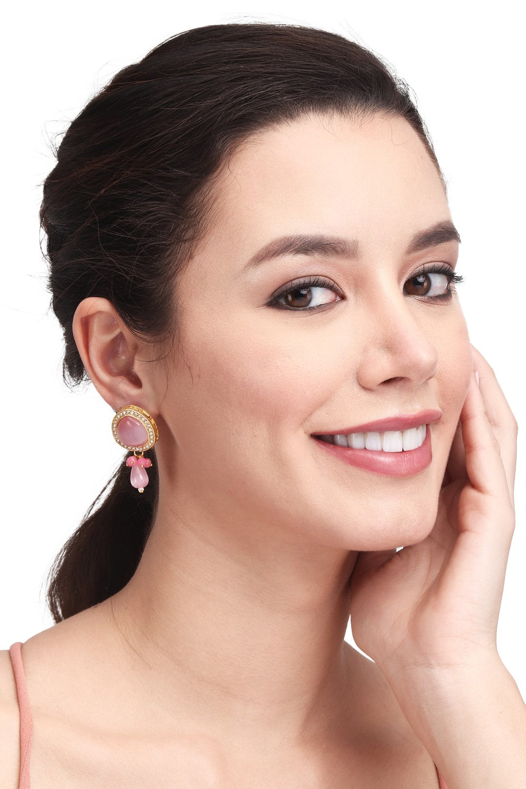 Gold plated Monalisa Stone studs with Glass bead drops Pink