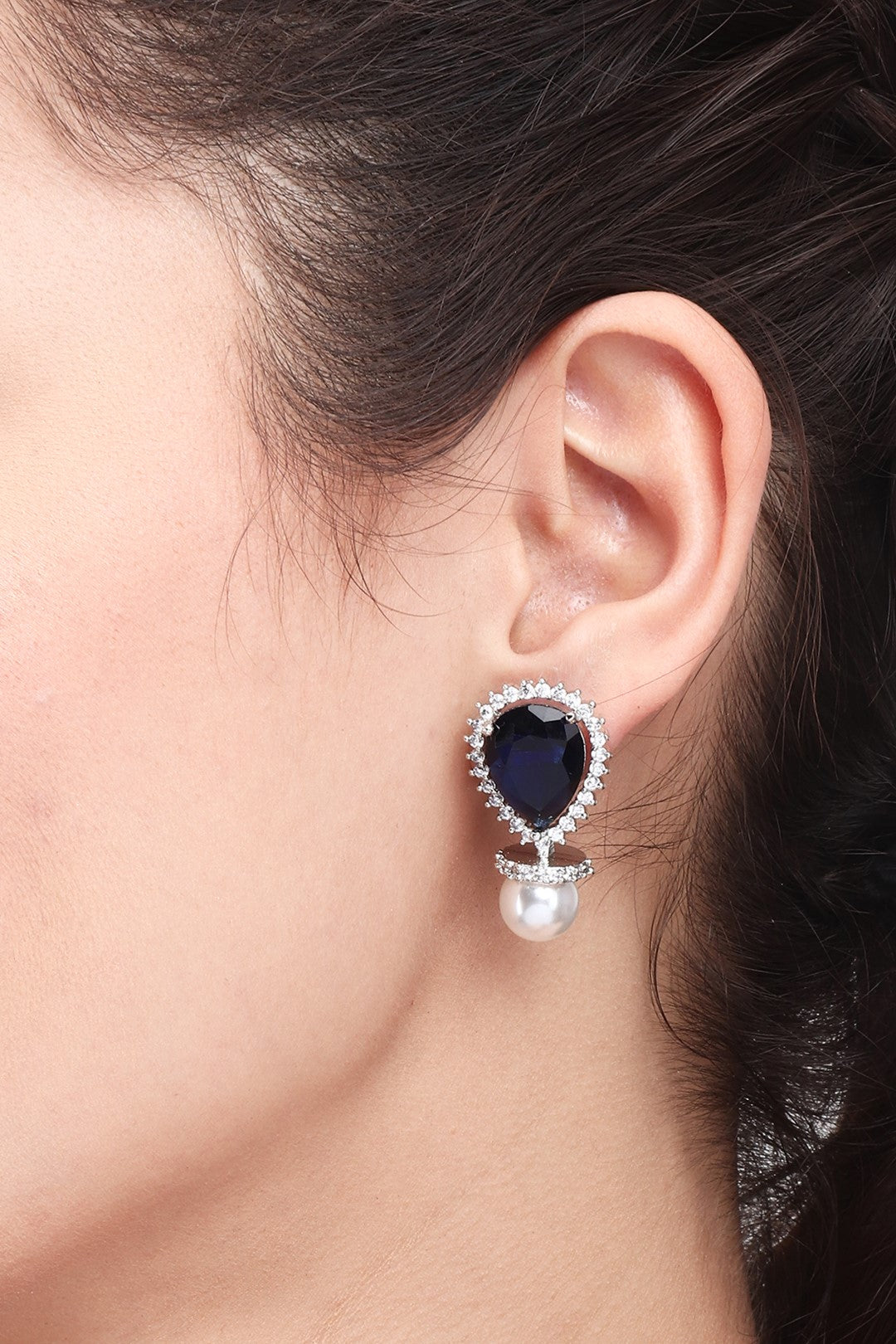 Rhodium plated AD stone drop earring