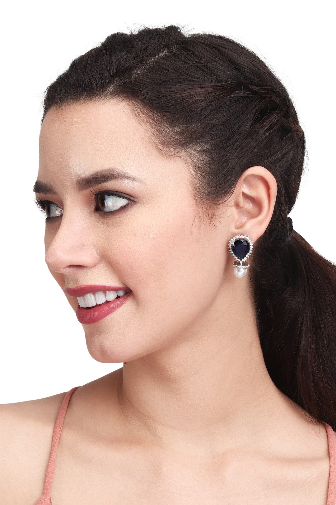 Rhodium plated AD stone drop earring