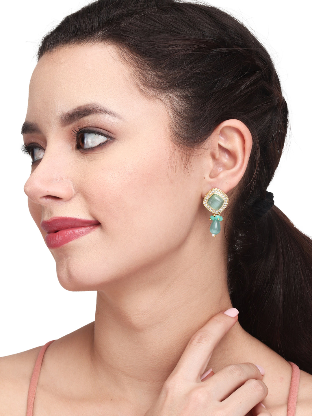 Gold plated Monalisa Stone studs with Glass bead drops