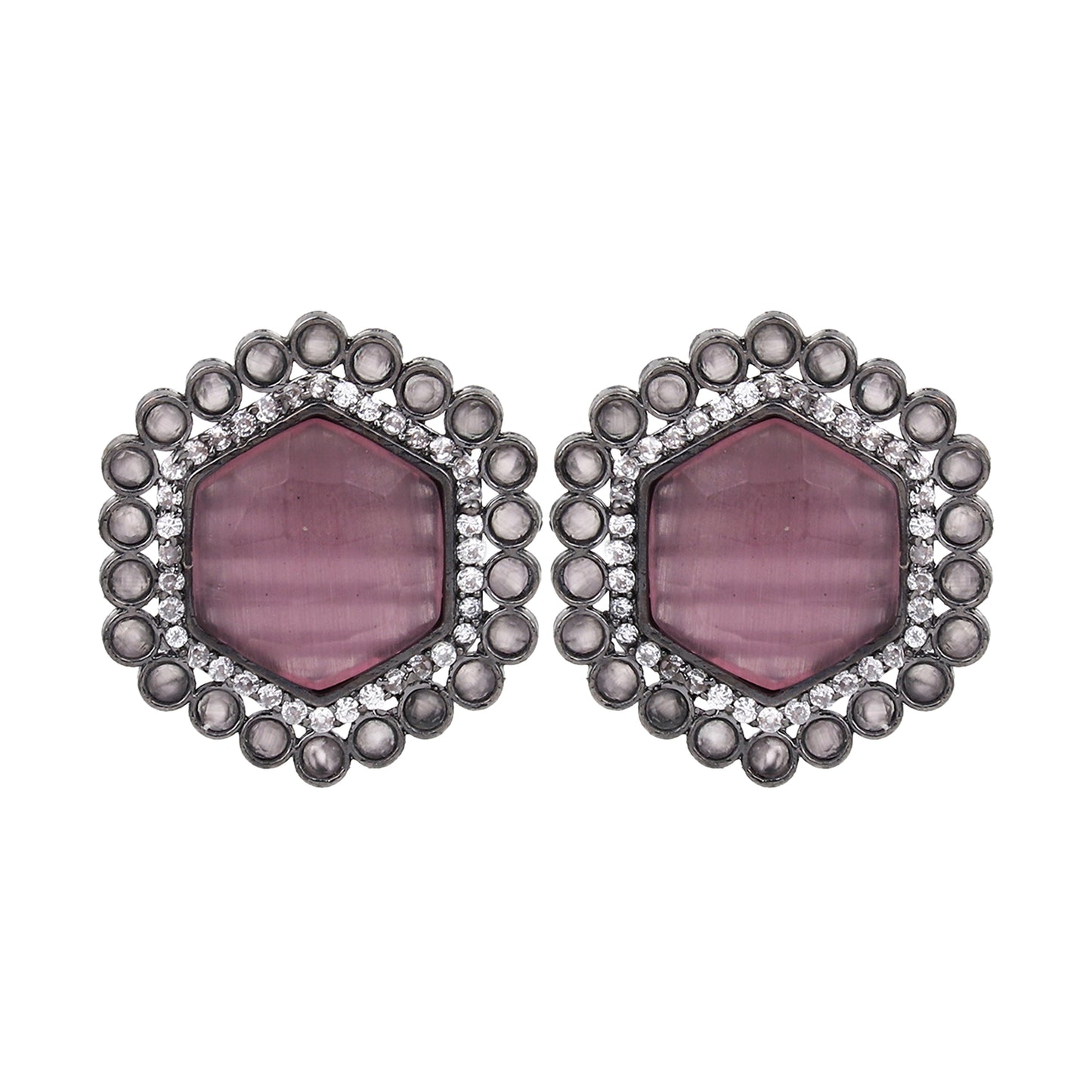 Silver Oxidised finish Pentagon Studs Pink