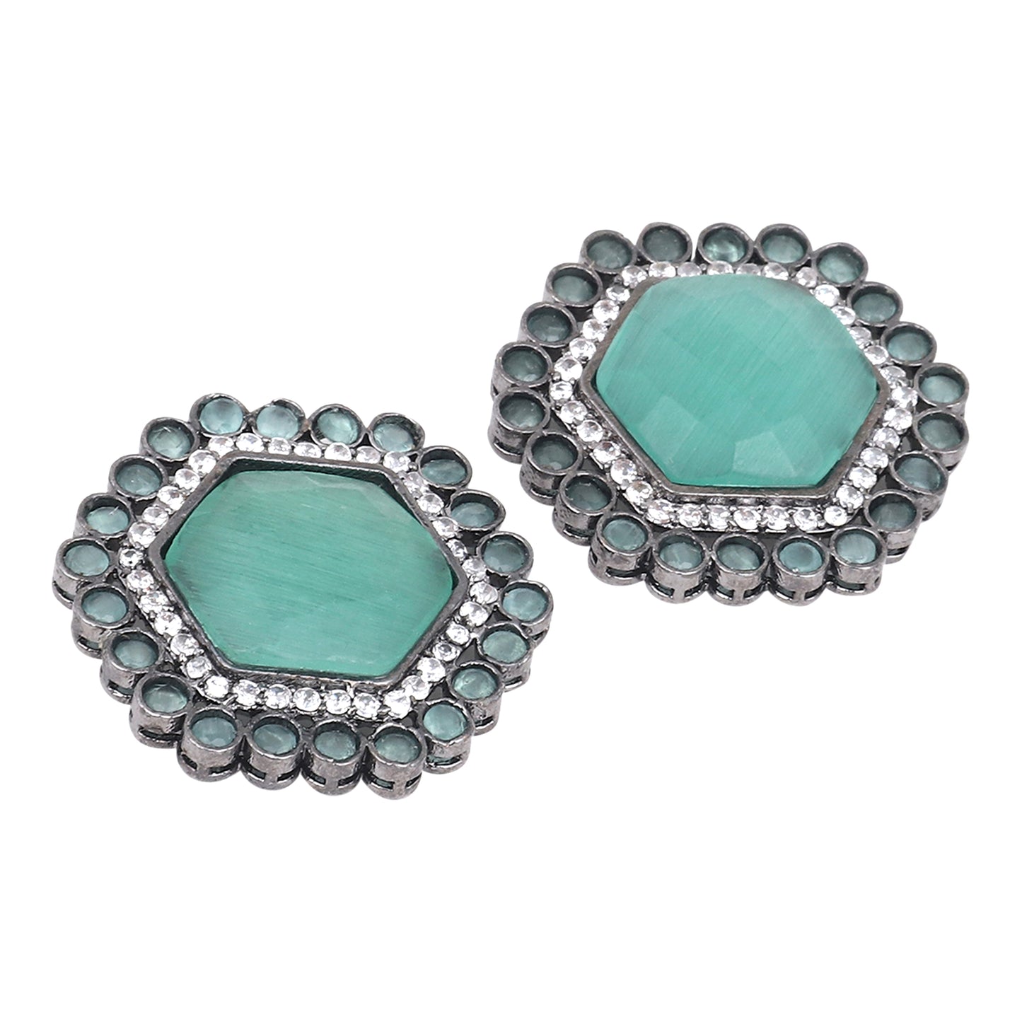 Silver Oxydised finish Pentagon Studs Green