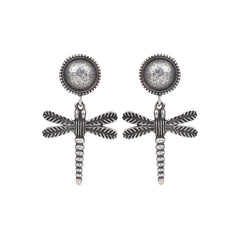 Silver Oxidised dragon fly drop earring