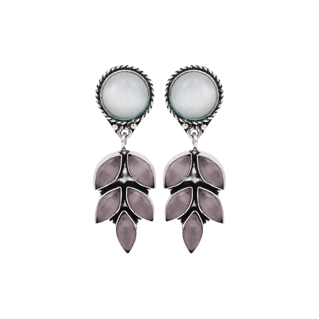 Silver Oxydised finish White stone work drop earring
