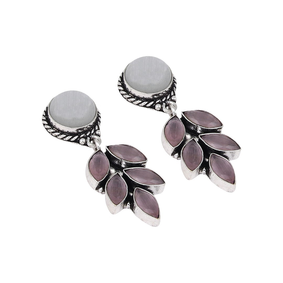 Silver Oxydised finish White stone work drop earring