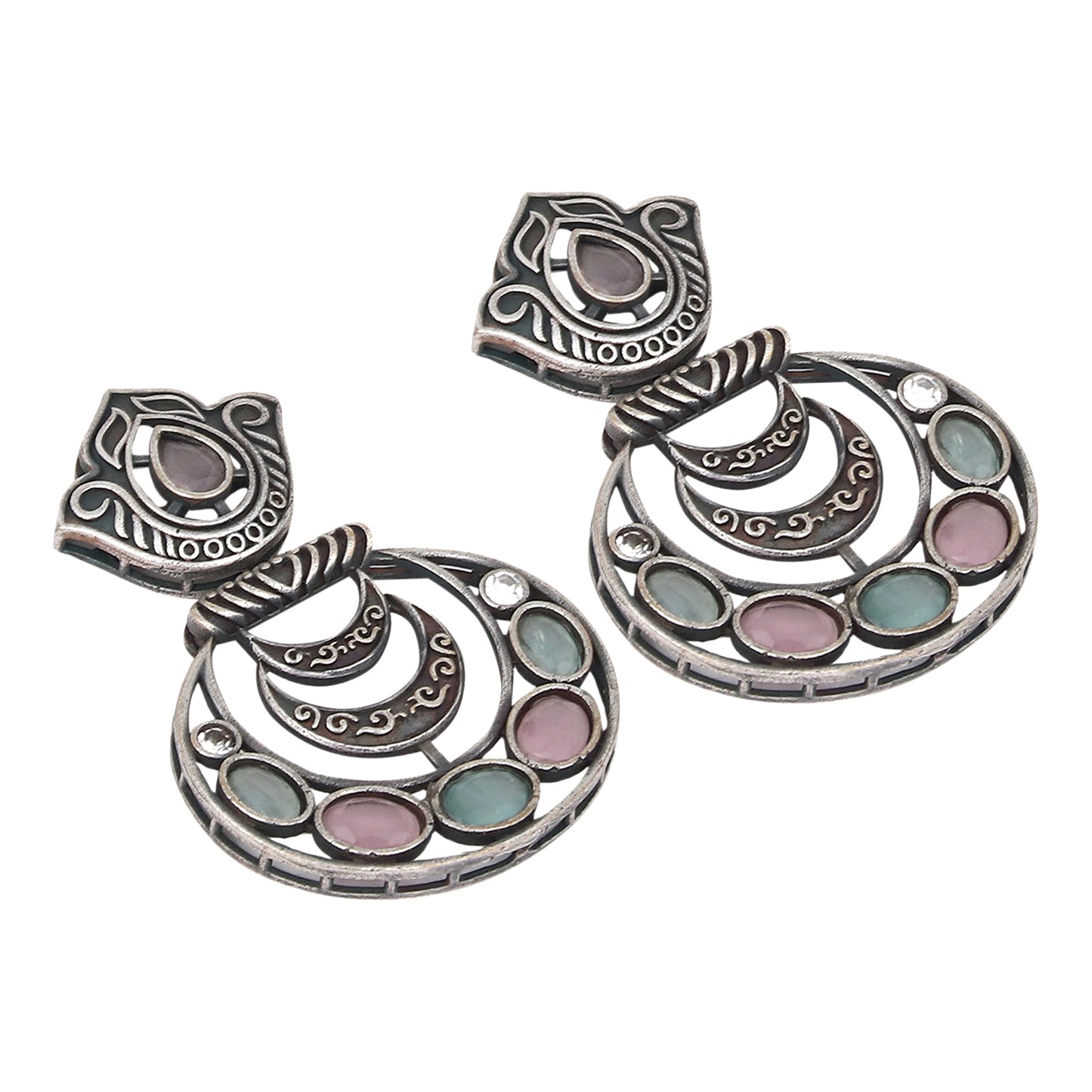 Silver Oxidised finish multi colored Stone drop Earring
