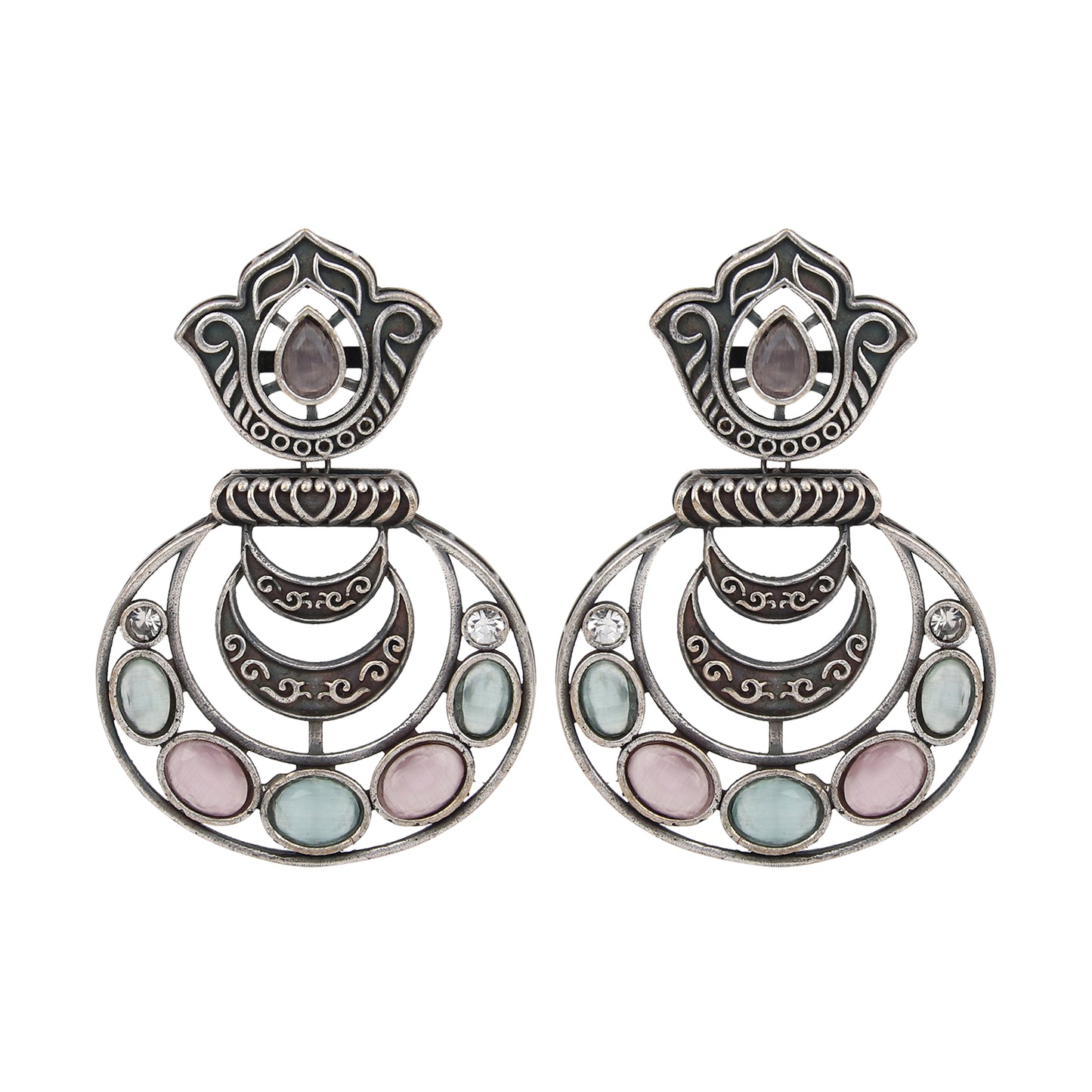 Silver Oxidised finish multi colored Stone drop Earring