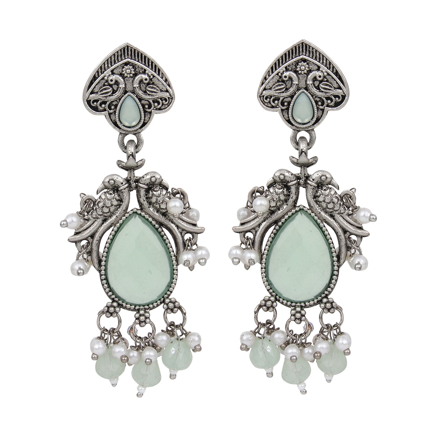 Silver Oxidised finish long drop Earring with Glass stone