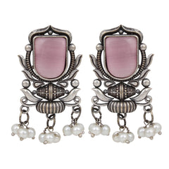 Silver Oxydised Contemporary Pink Studs