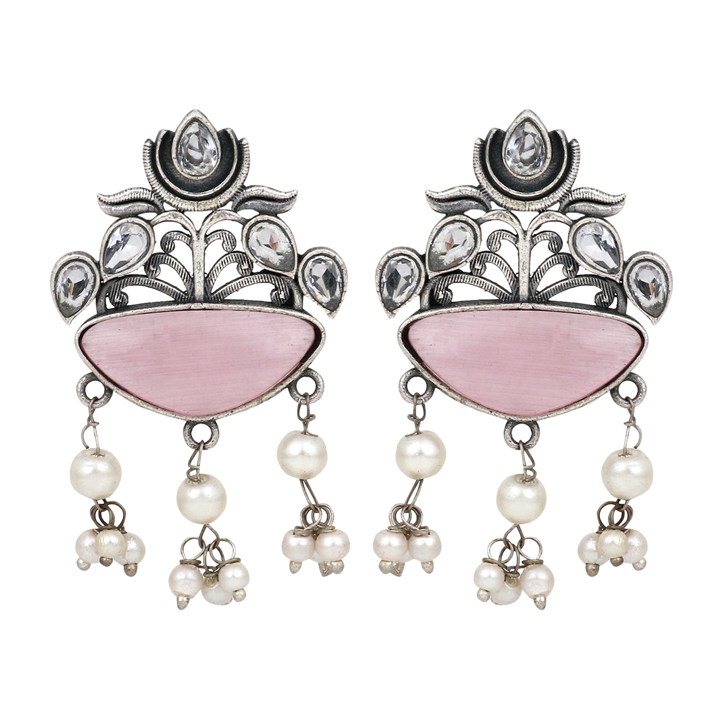 Silver Oxydised finish Pink drop earring
