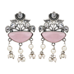 Silver Oxydised finish Pink drop earring