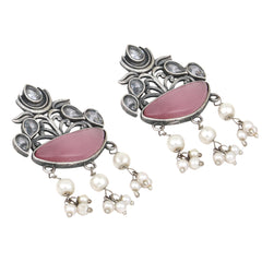 Silver Oxydised finish Pink drop earring