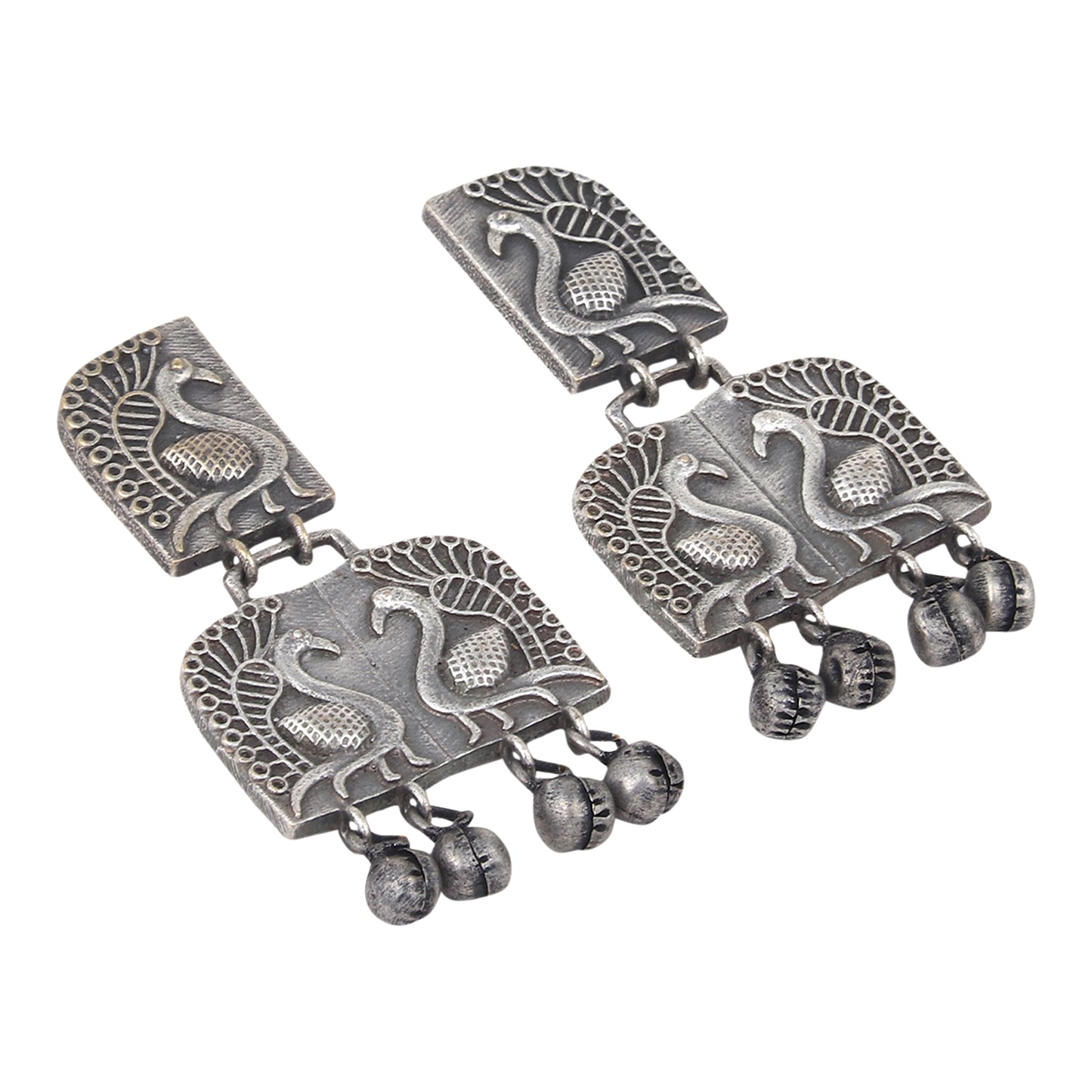 Silver Oxidised finish, peacock embossed drop Earring